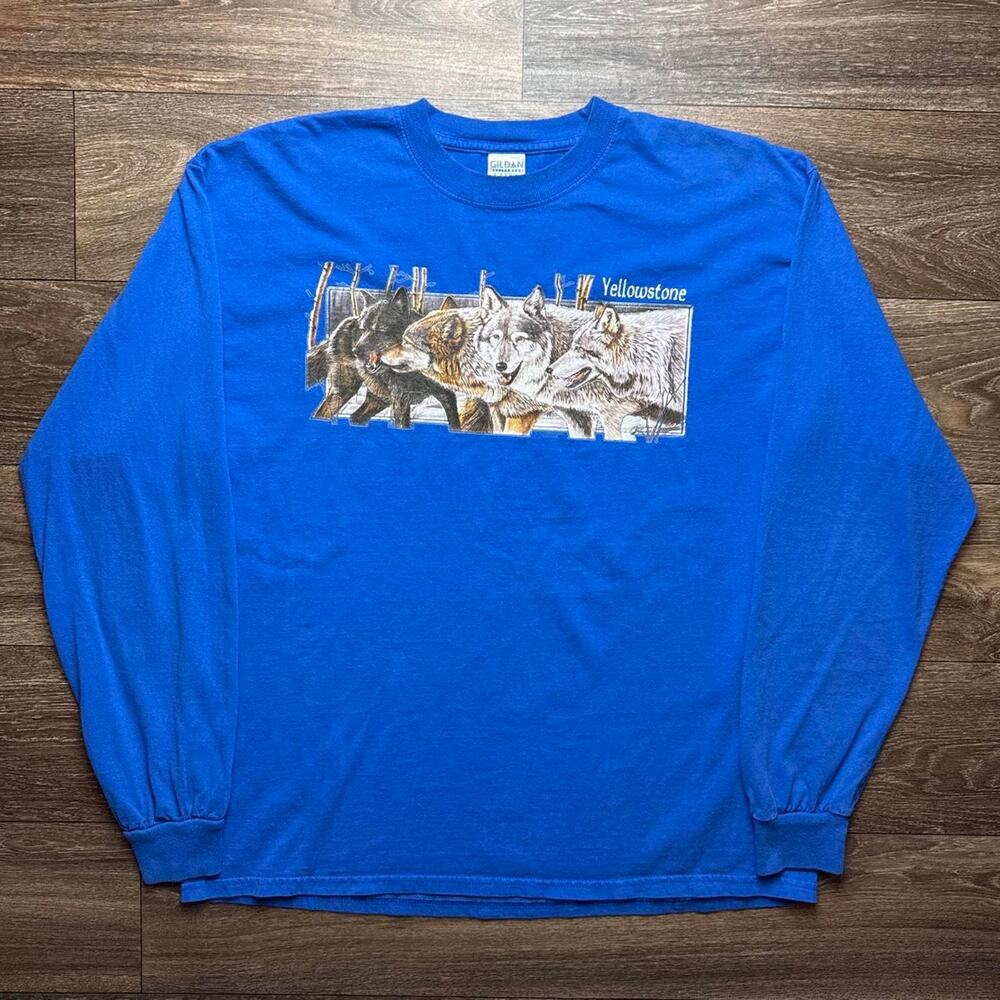 Blue Yellowstone Wolves Long Sleeve Tee with Graphic of Wolves